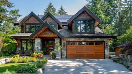 Naklejka premium a beautiful, energy-efficient home with solar panels and green tech