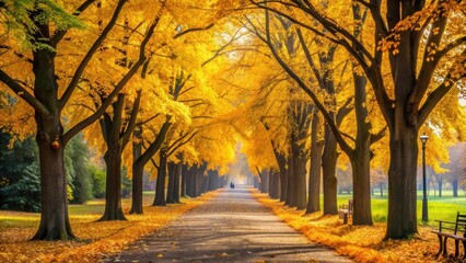 Autumn landscape in park with view of yellow trees alley in the background, autumn, season, park, landscape, yellow trees, alley