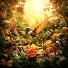 Naklejka premium Hummingbird in vibrant floral garden, sunlight.
