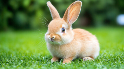 Fototapeta premium Adorable baby bunny rabbit sitting in green grass.
