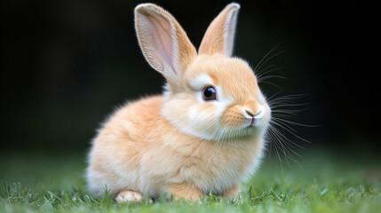 Adorable fluffy bunny rabbit sitting on green grass.