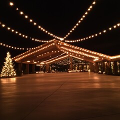Illuminated outdoor pavilion at night with Christmas tree.