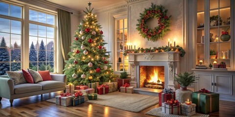 Festive Christmas living room with multiple decorated trees, presents, and fireplace , Christmas, festive, living room