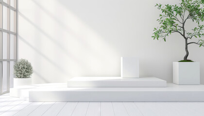 Three-Tiered White Display Platform with Plants and Box