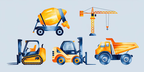 Watercolor Construction Vehicles Crane Dump Truck Forklifts Mixer