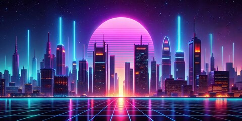 Synthwave of a futuristic city at night with neon lights and a retro 80s aesthetic, Synthwave, Cityscape,Background