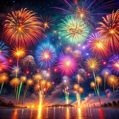 Fototapeta premium Fireworks are lit up in the night sky over a lake generative ai