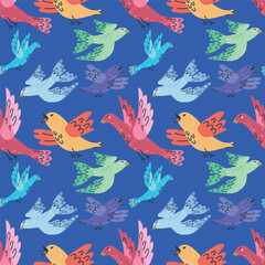 Seamless pattern featuring handdrawn cute colorful birds
