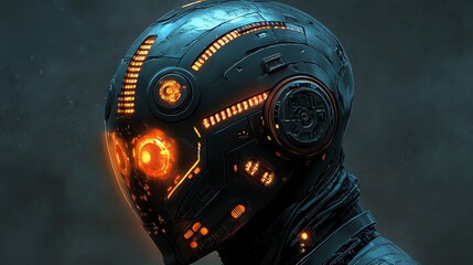 Fototapeta premium A futuristic robotic head with glowing orange lights and intricate mechanical details.