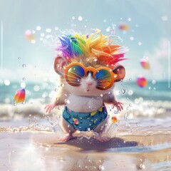 Fototapeta premium Cute funny hamster with colorful hair playing by the beach on a sunny day