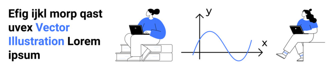 Two people using laptops on steps and chair, mathematical graph with x and y axes. Ideal for education, online learning, data analysis, technology, teamwork, remote work, and scientific research