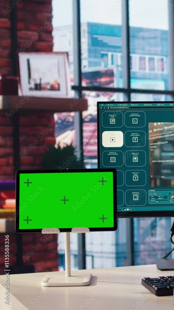 Fototapete man in home office uses ai program turning text prompt into videos next to isolated screen tablet. p