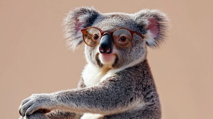 Playful koala wearing glasses australia animal portrait outdoor setting close-up view fun concept