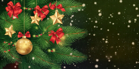 Festive Christmas Tree Branch with Gold Ornaments Red Bows