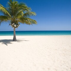 Palm tree adorned with flowers on a pristine beach under a clear blue sky.