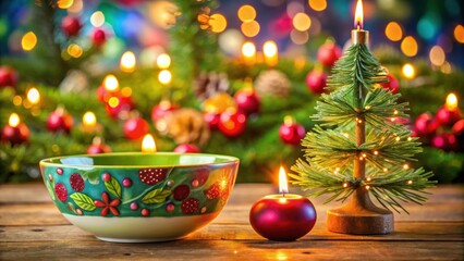 Colorful Christmas balls in ceramic bowl with tree and candle bokeh background, festive, holiday, decoration