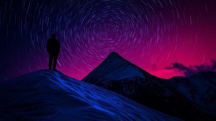 Naklejka premium Silhouette of man on snowy mountain peak under swirling star trails.