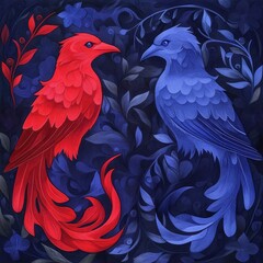Red and blue birds facing each other amidst intricate floral patterns.