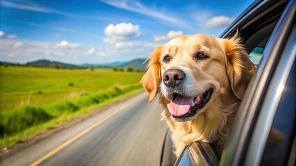 Golden Retriever enjoying a road trip with head out of car window , adventure, travel, pet, dog, companion, vacation, furry
