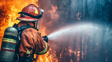 Naklejka premium Firefighter battling wildfire in forest dynamic action scene intense environment heroic viewpoint emergency response concept