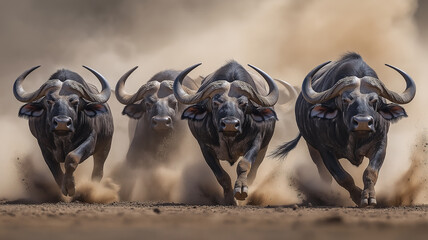 Four Cape Buffalo Running