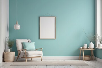 Wall mockup in interior background, room in Aqua colors, Scandi style, blank poster frame