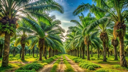 Obraz premium Palm oil tree plantation in India, agriculture, industry, oil production, sustainable farming