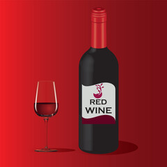 A bottle of 3D wine and a 3D glass of wine on a gradient red background. Vector illustration Eps 10
