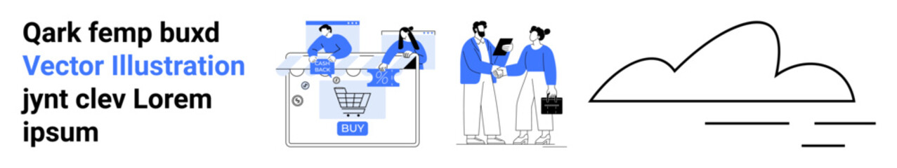 Business professionals shaking hands near shopping icons, e-commerce cart, and cloud symbol. Ideal for e-commerce, digital business, team collaboration, cloud services, online shopping, business