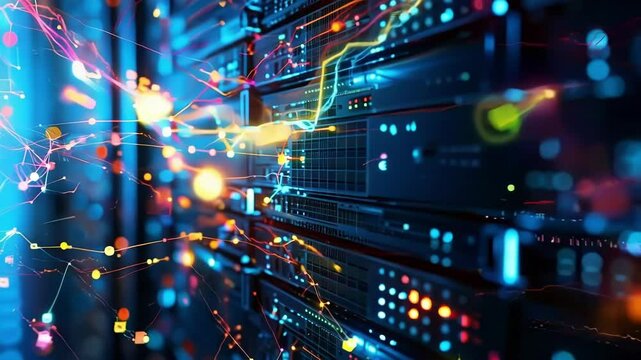 Server farm with flashing lights representing data flowing through the network. Innovative manufacturing and information technology concept