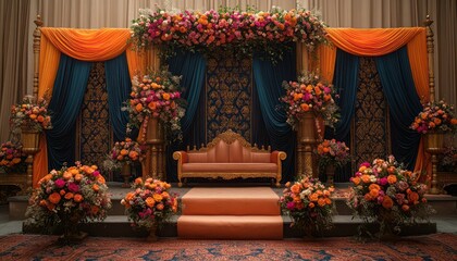 Fototapeta premium Elegant Muslim Wedding Ceremony: Floral Arch and Colorful Islamic Decor