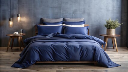 Dark blue cotton bedding on the bed, pillows, and blanket , cozy, bedroom, home decor, interior design, sleep, comfort