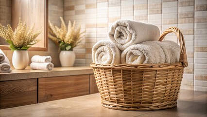 Fototapeta premium Woven basket with rolled towels in a cozy bathroom setting , bathroom, cozy, interior, decor, towels, rolled