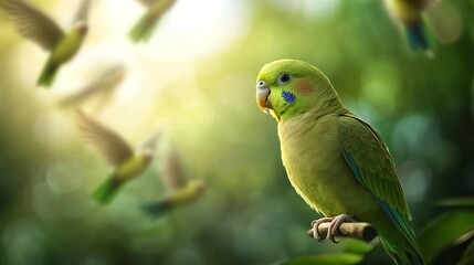 A vibrant green parakeet perched gracefully amid a softly blurred background of flying birds.