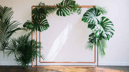 Copper pipe frame adorned with lush tropical leaves against a white wall.
