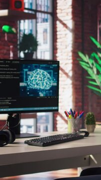 AI engineer in home office stretching back while looking at PC screen, feeling fatigued while executing code. Artificial intelligence developer feeling backpain, relieving pain, testing code, camera A