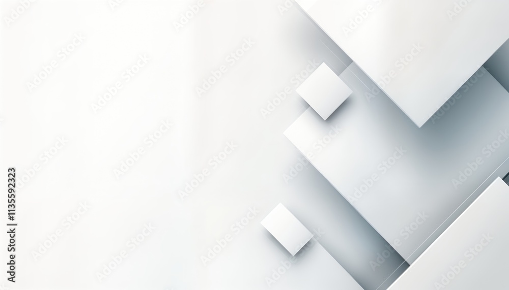 Poster Abstract design with layered geometric shapes. White and light gray glossy squares and triangles. Modern tech banner or graphic element for web or flyer. Minimalist and clean design.