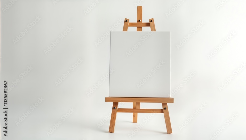 Poster Blank canvas on easel against white background. Simple studio shot ideal for art workshops, creative design content. Blank canvas offers versatile display space perfect for illustrating new art