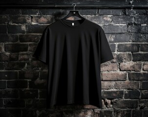 Naklejka premium Black t-shirt hanging on a brick wall.