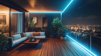Modern balcony at night with city view, illuminated by LED strip lights.