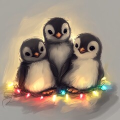 Obraz premium Three adorable baby penguins huddled together amidst colorful Christmas lights.