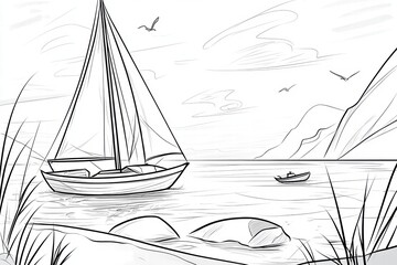 Sailboat on Calm Sea, Line Art Illustration.