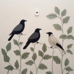 Three paper birds perched on branches amidst leaves, minimalist design.