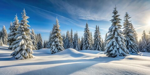 Fototapeta premium Snow covered pine trees with snow drift, winter, cold, snowy, nature, Christmas, forest, landscape, white, tranquil, serene