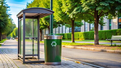 Public trash can with recycling sticker next to bus stop, recycling, garbage, bin, environment, city, urban