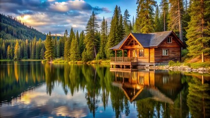 Obraz premium Rustic log cabin overlooking serene lake surrounded by trees, log cabin, tranquil, lake view, rustic, nature, peaceful, serene