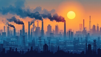 Fototapeta premium Industrial Landscape with Smoking Stacks at Sunset, Pollution and Urbanization, Factory Silhouette against Warm Sky, Environmental Impact Illustration