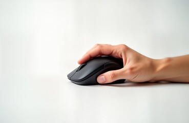 Hand holds wireless computer mouse on white surface. Modern tech device. Person controls tech tools. Simple tech image. Easy to use mouse. Ergonomic design. Wireless tech. Business tech background.