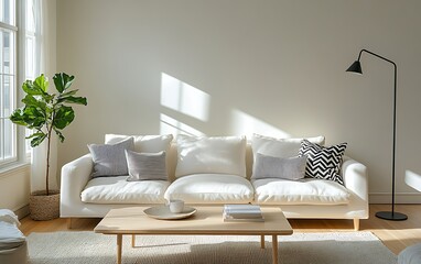 Sunlit living room with off-white sofa, coffee table, floor lamp, and plant.