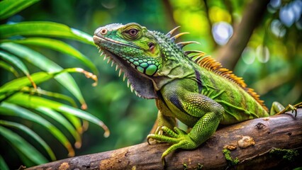 Fototapeta premium Zielona iguana wspinająca się na gałąź drzewa w tropikalnym lesie deszczowym, zielony, iguana, gad, jaszczurka, dzika przyroda, natura, tropikalny